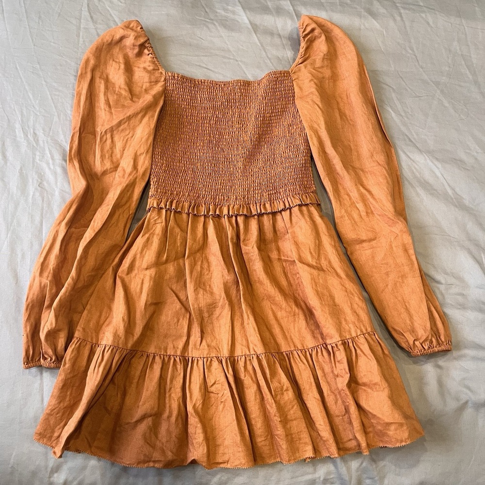 Quince European Linen Smocked Mini Long Sleeve Dress Terracotta Brown XS Peasant - Picture 2 of 8